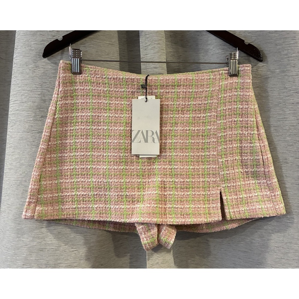 ZARA Pink Green gingham Tweed texture Plaids Stripes Mini Skort size M NWT - Picture 1 of 5